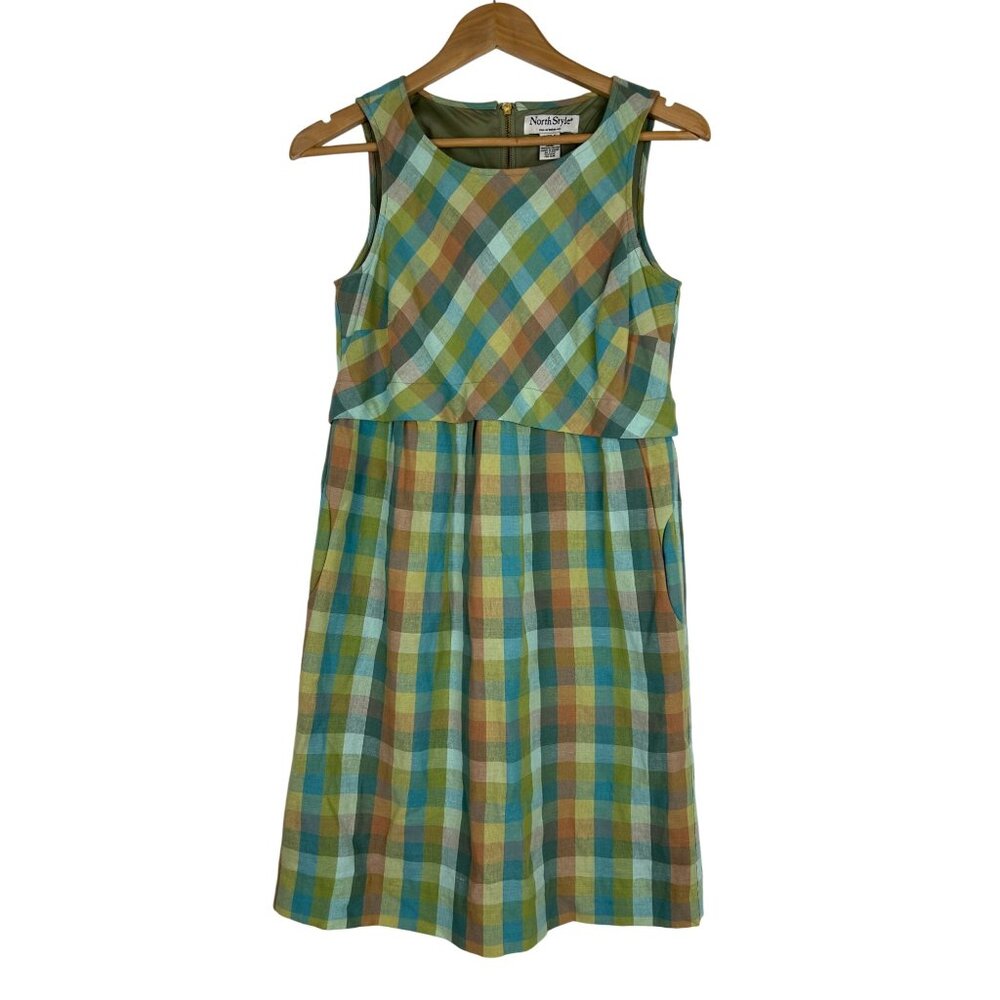 NorthStyle Womens Multicolor Plaid Sleeveless Dress Sz 6 Linen Blend Back Zipper